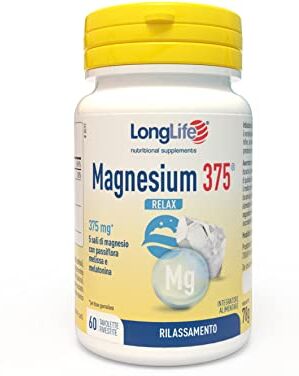 Longlife Magnesium 375® Relax   Ciclo del sonno e rilassamento   5 sali di magnesio ad alta biodisponibilità   Melatonina ed estratti di passiflora e melissa   60 tabs   Senza glutine e doping free