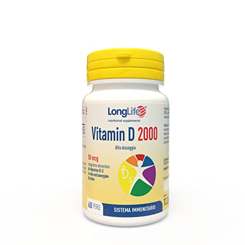 Longlife ® Vitamin D 2000   Vitamina D3 naturale in olio EVO   Alto dosaggio   Difese immunitarie, salute di ossa e denti   Metabolismo del calcio   2 mesi di trattamento   Senza glutine