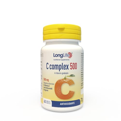 Longlife ® C Complex 500   Vitamina C 500mg a rilascio graduale   Con bioflavonoidi da agrumi e quercetina   Difese immunitarie   Fino a 2 mesi di trattamento   Senza glutine e vegano