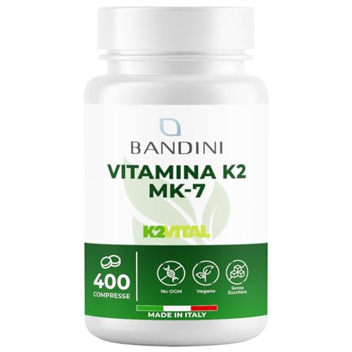 BANDINI ® Vitamina K2 MK7 200µg   400 Compresse   Menachinone ad Alto Dosaggio   Vit K 2 MK-7 K2Vital® 200 mcg   Contribuisce al Mantenimento di Ossa Normali   100% Vegan   Senza OGM   Qualità Italiana