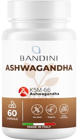 BANDINI ® Ashwagandha KSM-66® 100% Vegan (60 Capsule) Qualità Premium KSM-66 Pura Integratore Naturale da Polvere Withania Somnifera (Ginseng Indiano) Rimedio Ayurvedico per Stress, Mente e Sonno