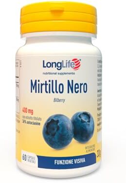 Longlife ® Mirtillo Nero   Con estratto titolato al 36% in antocianosidi (Mirtoselect®)   Minimo 800mg   Benessere della vista e del microcircolo   Fino a 1 mese di trattamento   Vegano e senza glutine