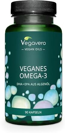 Vegavero Omega 3 VEGAN ®   con DHA + EPA   olio di Alghe dagli USA: Life’s™ OMEGA   Qualità Premium Sostenibile   Pressato a Freddo   no OGM   90 capsule