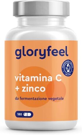 Gloryfeel Vitamina C Pura 1000 mg + Zinco 20 mg, 180 Capsule, Per 6 mesi, Integratore Difese Immunitarie, Vitamina C Pura Tamponata con Ascorbato di Calcio con Zinco, Delicata sullo Stomaco, 100% Vegan