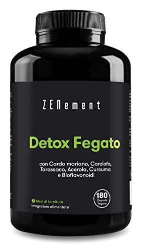 Zenement Detox Fegato e Intestino Depurativo, Drenante, Antiossidante, Migliora la Digestione con Cardo Mariano, Carciofo, Tarassaco Alto dosaggio con 80% di silimarina 180 Capsule Vegane