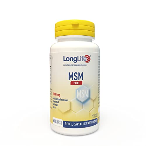 Longlife ® MSM Plus con vitamina C, biotina e zinco   Integratore capelli, unghie, pelle   1000mg OptiMSM® per ogni tavoletta   Alto dosaggio   Fino a 2 mesi di trattamento   Senza glutine&vegan