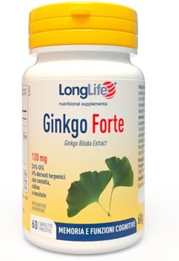 Longlife ® Ginkgo Forte   Integratore di ginkgo con centella, colina e inositolo   Microcircolo, memoria e funzioni cognitive   Antiossidante   Fino a 2 mesi di trattamento   Senza glutine e vegano