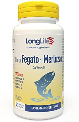 Longlife ® Olio di fegato di merluzzo 1000mg   Ricco di omega 3   Titolato in EPA e DHA   Arricchito con vitamina A e vitamina D3   Crescita e difese immunitarie   2 mesi di trattamento   Senza glutine