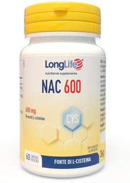 Longlife ® NAC 600 mg   Precursore del glutatione   Alto dosaggio   NAC N-acetil-cisteina   Difese immunitarie adulti   60 capsule di origine vegetale