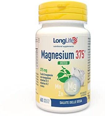 Longlife Magnesium 375® Osteo   Ossa e articolazioni   5 sali di magnesio ad alta biodisponibilità   Con zinco, manganese, vitamina D 3 e vitamina K2 (K2VITAL®)   60 tabs   Senza glutine e doping free