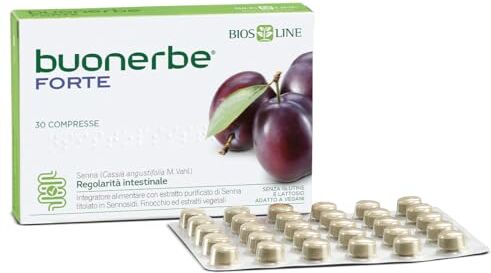 Bios Line Buonerbe Forte 30 Compresse, Integratore alimentare con estratto purificato di Senna, Favorisce la regolarità intestinale e risveglia l'intestino pigro, Senza glutine e adatto a vegani