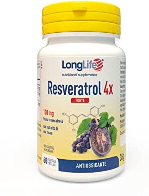 Longlife ® Resveratrol 4x Forte   Trans-resveratrolo puro (Veri-te™) e uva rossa   4 volte più forte   Cuore e circolazione   60 capsule   Vegano e senza glutine