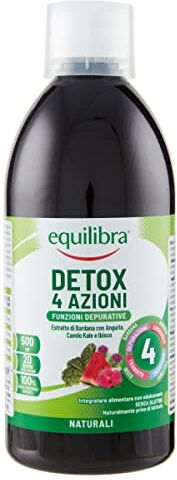 Equilibra Integratori Alimentari, ox 4 Azioni, Integratore Depurativo, Drenante, Favorisce la Digestione, Da Diluire, Gusto Frutta, Con Bardana, Colina, Cavolo Kale, Ibisco, Anguria, 500ml