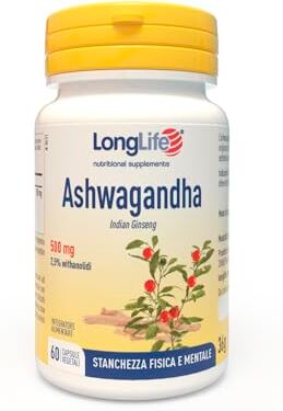 Longlife ® Ashwagandha   Titolato al 2,5% in withanolidi   Relax e benessere mentale   Stanchezza e difese immunitarie   Fino a 2 mesi di trattamento   Senza glutine e vegano