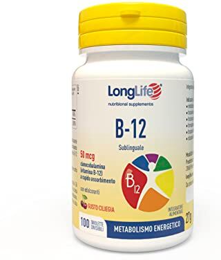 Longlife ® B12 50 mcg   Vitamina B12   Formula esclusiva sublinguale   Elevato assorbimento   Compressa 100 tavolette divisibili   Fino a 100 giorni di trattamento   Senza glutine