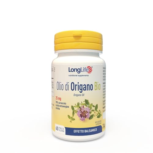 Longlife ® Olio di Origano BIO   70% Integratore di olio essenziale di origano con olio extravergine oliva   Effetto balsamico per stomaco e intestino   60 perle   Senza glutine