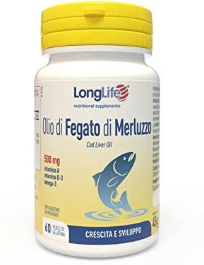 Longlife ® Olio di fegato di merluzzo 500 mg   Ricco di omega 3   Titolato in EPA, DHA, vitamina A e vitamina D3   Crescita, sviluppo e difese immunitarie   Fino a 1 mese di trattamento   Senza glutine