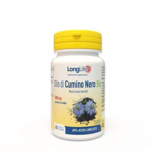 Longlife ® Olio Di Cumino Nero Bio 500 Mg   Titolato al 60% in acido linoleico   Circolazione, Cuore, Glicemia   60 perle   Doping Free