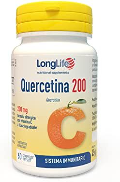 Longlife ® Quercetina 200   Alto dosaggio   2 mesi di trattamento   Con vitamina C a rilascio graduale   Difese immunitarie   Riduce fatica e stress   Senza glutine e vegan