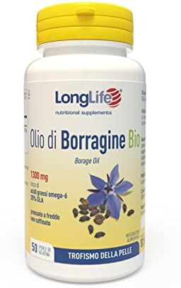 Longlife ® Olio di Borragine Bio 1300mg   Integratore di borragine titolato al 20% in GLA   Omega 6   Trofismo della pelle   Fino a 50 giorni di trattamento   Certificato BIO e Senza glutine