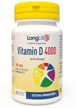 Longlife ® Vitamin D 4000   Alto dosaggio vitamina D3 naturale   4 mesi di trattamento   Difese immunitarie, salute di ossa e denti   Metabolismo del calcio   Senza glutine e vegetariano