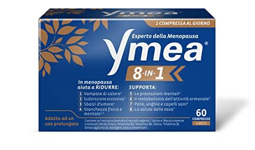 Ymea 8 in 1 Integratore Alimentare Esperto della Menopausa, Ottime Contro gli 8 Disturbi Più Comuni della Menopausa, Supporta il Metabolismo e la Salute delle Ossa, 60 Compresse, Bianco, 26g