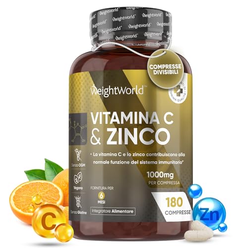 WeightWorld Vitamina C & Zinco 1 Compressa al Giorno, Acido Ascorbico Vitamina C 1000mg Sistema Immunitario, Pelle, Ossa, Unghie Capelli, Vitamina C + Zinco Bisglicinato, Vitamina C Pura Zinco Integratore 6 Mesi