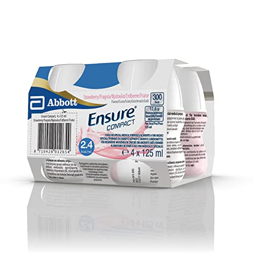 Ensure Compact Alimento a Fini Medici Speciali ad Alta Densità Calorica Formato Bevanda, Supplemento Nutrizionale Completo e Compatto, Confezione 4x125ml, Gusto Fragola