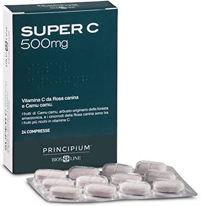 Bios Line Principium Super C 500 mg, Vitamina Antiossidante per le difese dell'organismo, Integratore alimentare in compresse di Vitamica C da frutti di Rosa Canina e Camu Camu, 24 compresse