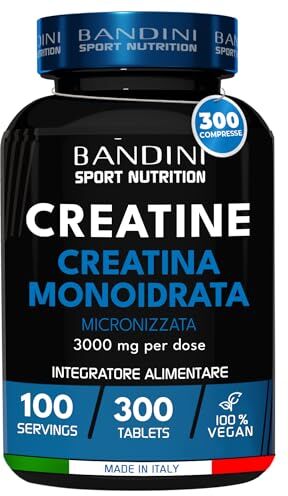 BANDINI ® Creatina Monoidrata Micronizzata 300 Compresse da 3000mg per dose Integratore per Allenamento, Palestra e Pre Workout 100% Vegan A base di Creatine Monoidrato pura al 100%