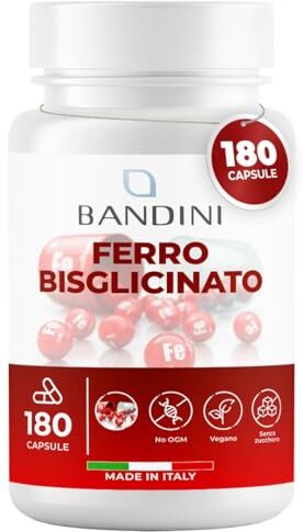 BANDINI ® Ferro 70mg + Vitamina C 180 Capsule Vegan (Per 6+ Mesi) Contribuisce al Normale Metabolismo Energetico Altamente ASSIMILABILE e BIODISPONIBILE- 100% Bisglicinato di Ferro + Vit C 160mg