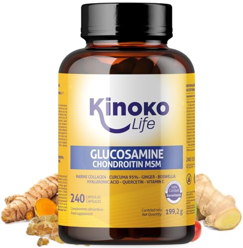 Kinoko life Glucosamina e Condroitina 240 Capsule con MSM, Collagene marino, Acido Ialuronico, Curcuma, Pepe Nero, Zenzero, Boswellia e Quercetina. Per articolazioni, cartilagine e ossa