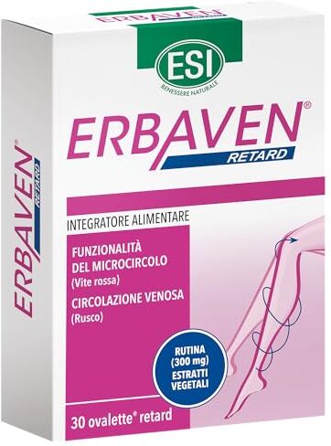 ESI Erbaven Retard, Integratore Alimentare a Base di Vite Rossa, Rutina e Rusco, Favorisce la Funzionalità del Microcircolo e la Circolazione Venosa, Senza Glutine e Vegano, 30 Ovalette Retard