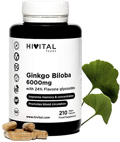 HIVITAL foods Ginkgo Biloba 6000mg 210 capsule vegane per 7 mesi. 100% Naturale con il 24% di Flavonoidi e 6% di Terpeni. migliora la memoria, la concentrazione e la circolazione sanguigna