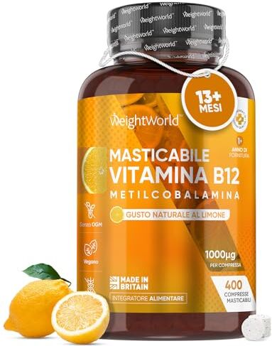 WeightWorld Vitamina B12 Masticabile 1000 mcg, Metilcobalamina 400 Compresse Vegan per 13+ Mesi, Vitamina B12 Sublinguale al Gusto Limone, Vitamina B per la Normale Funzione del Sistema Immunitario (Vitamine B)