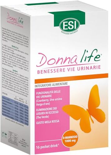 ESI Donna Life Benessere Vie Urinarie, Integratore Alimentare a Base di Cranberry e The Verde, Azione Protettiva, Senza Glutine e Vegano, Gusto Mela Rossa, 16 Pocket Drink