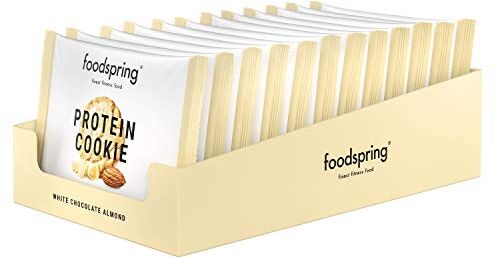 foodspring Protein Cookie, Cioccolato bianco e mandorle, 12  50g, vera consistenza del biscotto, tante proteine, pochi zuccheri, lo snack fit con vero cacao