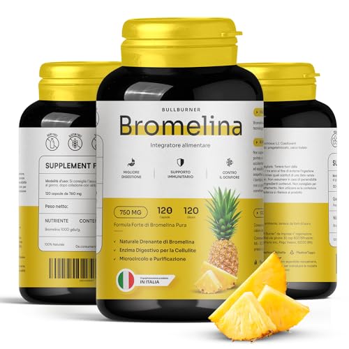 BullBurner Bromelina Ultra Forte 750 mg Drenante Forte Anticellulite Integratore di Enzimi Digestivi Completi Cellulite Gambe e Glutei Alta Potenza Ananas 120 Cps Made in Italy