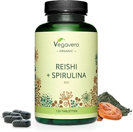 Vegavero SPIRULINA + REISHI ®   100% BIO   Ganoderma con 40% di Polisaccaridi, 30% di Beta Glucani e 1% di Triterpeni   120 compresse   Vegan