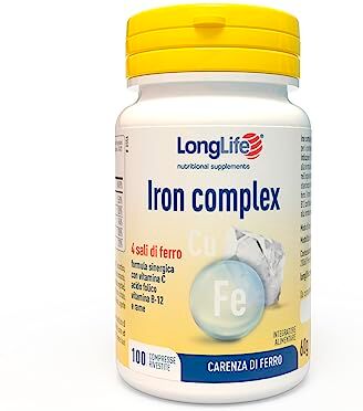 Longlife ® Iron Complex   4 sali di ferro ad alta biodisponibilità   Con vitamina C e B12, acido folico e rame   Ricarica e riduzione stanchezza   Vegan e senza glutine