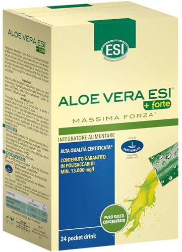 ESI Aloe Vera +Forte, Integratore Alimentare di Puro Succo Concentrato, per il Benessere del Sistema Digerente, Ricco di Polisaccaridi, Senza Glutine e Vegan, 24 Pocket Drinks