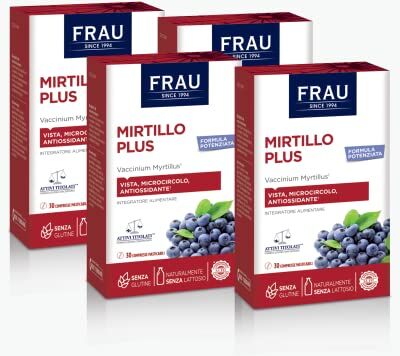 FRAU Mirtillo Plus, Integratore Microcircolo A Base Di Estratto Secco Di Mirtillo Nero, 4 Confezioni x 30 Compresse Masticabili, Gambe Pesanti E Benessere Della Vista, Senza Glutine