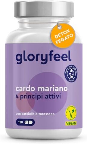 Gloryfeel Cardo Mariano Fegato, 120 Capsule, Con Silimarina, Tarassaco, Carciofo, Alto Dosaggio, 4 Principi Attivi, Integratore Depurativo per il Fegato, Integratore Cardo Mariano, Vegan