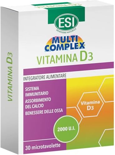 ESI Multicomplex, Integratore Alimentare di Vitamina D3, Contribuisce all'Assorbimento del Calcio e alla Salute di Ossa e Muscoli, Ideale per Adulti e Anziani, Senza Glutine, 30 Microtavolette