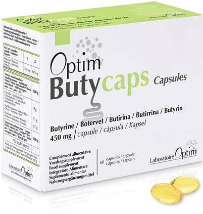 Optim Butycaps Integratore di butirrato   60 Capsule Butirrina liquida 450mg   Acido butirrico postbiotico   Transito, colon e intestino debole