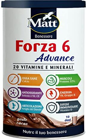 Matt , Forza 6 Advance, Integratore Alimentare in Polvere a Base di Proteine e 20 Vitamine e Minerali, Contribuisce alla Crescita della Massa Muscolare, 280g