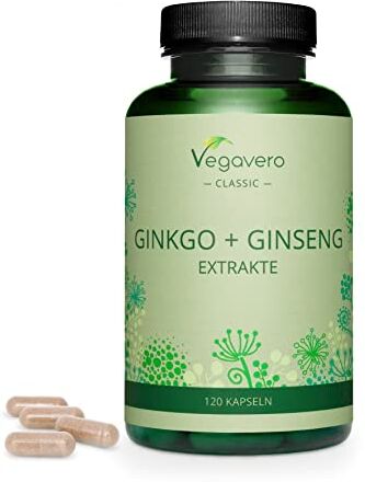 Vegavero GINKGO GINSENG ®   Con Ginkgo Biloba e Panax Ginseng   20% Ginsenosidi e 24% Glucosidi Flavonoidi   SENZA ADDITIVI   120 capsule   Vegan