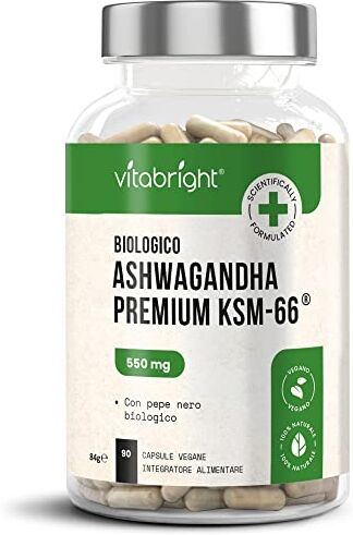 VitaBright Ashwagandha KSM-66 Biologica in Capsule 550mg (Estratto Concentrato 10:1 Equivalente a 5500mg) con 5% Witanolidi 90 Capsule Vegane Naturale Ayurveda Prodotto nel Regno Unito da