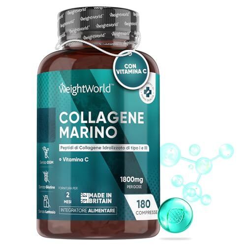 WeightWorld Collagene Marino + Vitamina C, 180 Compresse Collagene Idrolizzato da 1800mg Alto Dosaggio (2 Mesi) Marine Collagen, Pelle, Ossa, Articolazioni, Collagene Marino Idrolizzato Tipo I e III, con Peptidi