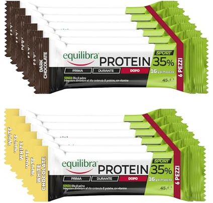 Equilibra Integratori Alimentari, Barrette Protein 35%, Barrette Proteiche Dark Chocolate e White Chocolate, High Protein, con Vitamine, Mantenimento della Massa Muscolare, 12 Barrette da 45 g